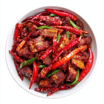 Bhutanese festival phaksha paa pork with red chili peppers  isolated on a white background