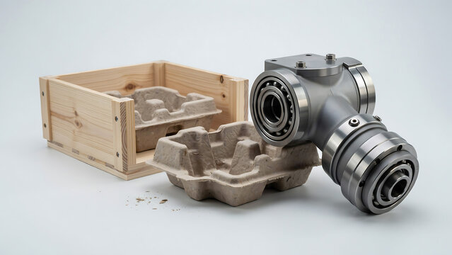 Metal component and sustainable packaging with wooden box components molded fiber industrial packaging precision engineering bearings