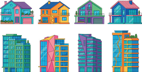 Fototapeta premium Modern house and building vector collection featuring colorful residential suburban villas and contemporary urban office skyscrapers architectural design
