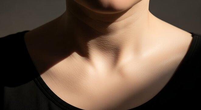 Close up of woman neck and collarbone with dramatic studio lighting.