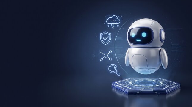 Cute white AI robot floating above hexagon circuit platform with glowing cloud, security shield, network and search icons on dark blue background with copy space