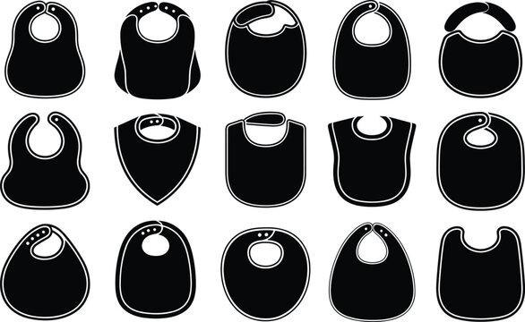Collection of black baby bib silhouettes on a white background with various shapes and sizes