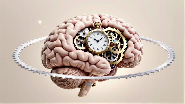 Brain with gears and clock, symbolizing thought processes and time.