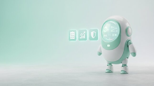 Cute white and mint egg-shaped AI robot with digital display face beside glowing icons of checklist, growth chart and shield on soft mint background with copy space