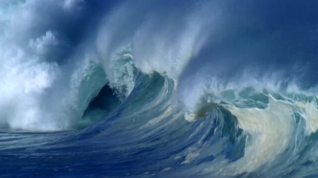 Powerful ocean wave curling into a tunnel with white foam and deep blue water