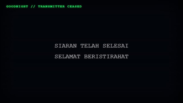 Retro television sign off screen with monospace text on black backdrop