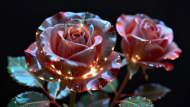 Futuristic roses with glowing circuit patterns, blending nature and technology.