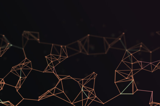 A dark, high-tech backdrop shows luminous copper wireframe polygons and connected lines, creating a futuristic mood for design work, presentations, or tech concepts.