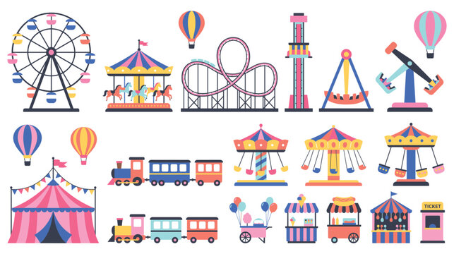 Amusement park rides set featuring colorful carnival attractions for festive event design.