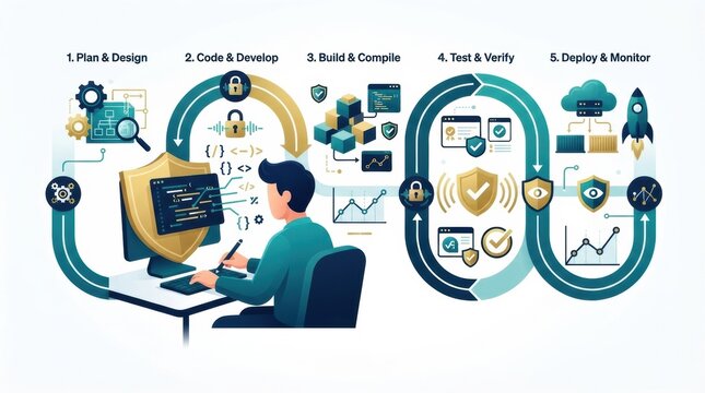 A programmer works at a desk focusing on software development in a tech workspace, following a step-by-step workflow process.