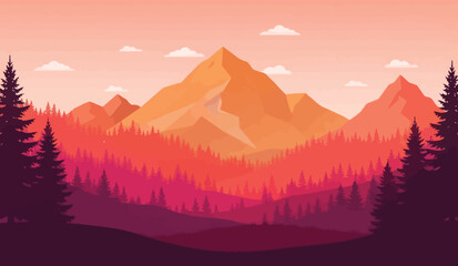 Beautiful Sunset Mountain Landscape Vector Illustration with Dense Pine Forest and Peach Sky, Serene Nature Background for Outdoor Adventure and Travel Themes for Web and Print Design © Masum