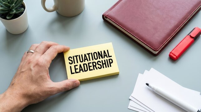 Situational leadership note written on yellow sticky paper held by male hand in office setting