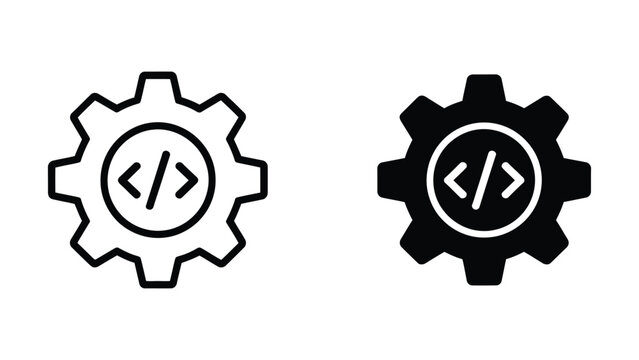 Set of two gear icons with coding symbols representing software development and technical engineering processes
