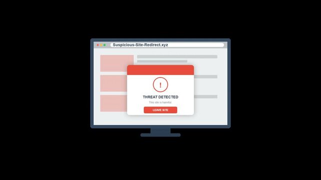 Computer Monitor Displaying Threat Detected Warning Popup Alert Animation on Web Browser.