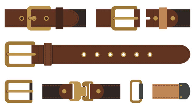 Leather belts and buckles parts set with brown straps and golden metal hardware elements.