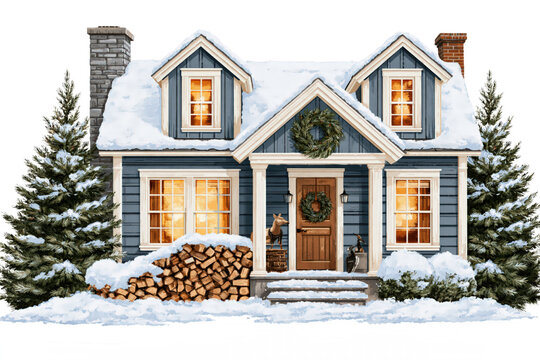 Snowy cottage with glowing windows, wreath, pine trees, and stacked firewood