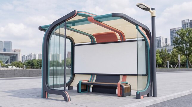 Modern bus stop shelter with a blank advertising billboard for mockup design.