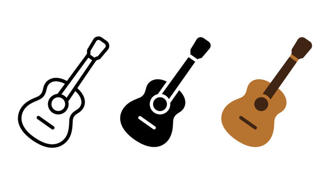 Acoustic guitar icons in outline, solid and flat color styles