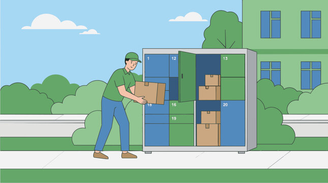 Courier delivering parcel to automated locker system in flat vector illustration style with bright colors for shipping service promotion