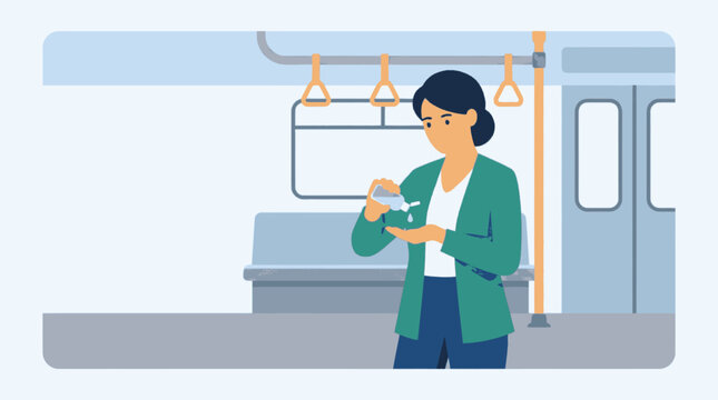 Woman passenger checking wallet while commuting inside public subway train carriage illustration.