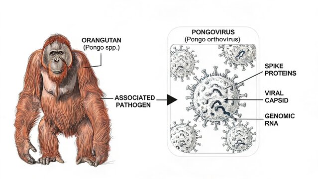 Pongovirus scientific sketch illustration, orangutan host Pongo spp. and labelled virus particle diagram, primate pathogen