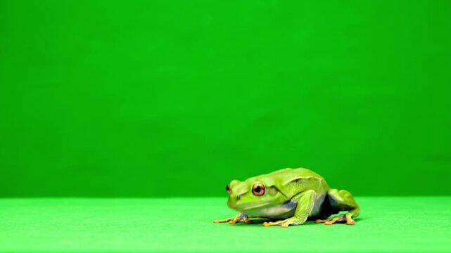 Green tree frog sitting on a green screen background for chroma key compositing