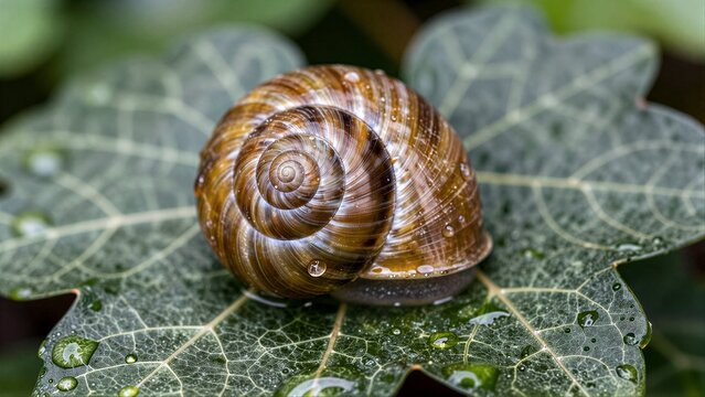 A snail with a brown spiral shell rests on a dewy green leaf.