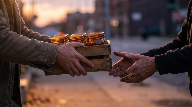 Community support scene with hands passing a wooden crate of glass jars at sunset, sharing local resources for charity outreach and social service marketing design.