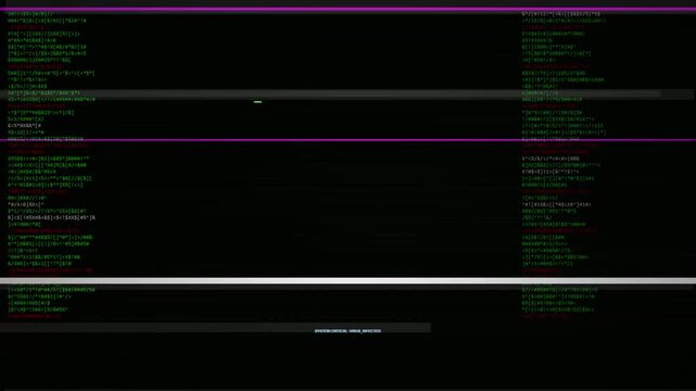 Virus code glitch background with green scrolling data and digital signal error