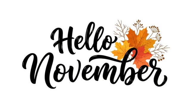 Hello November hand lettering typography poster design featuring colorful autumn leaves and seasonal branches