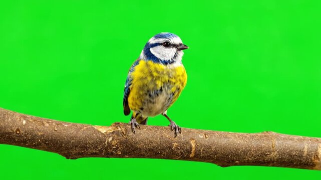 Close up of a small blue tit bird sitting on a branch with a green screen background