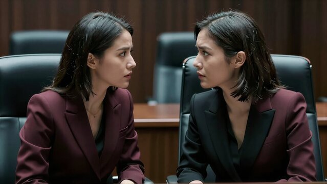 Two women in suits face each other intently, suggesting a serious conversation.