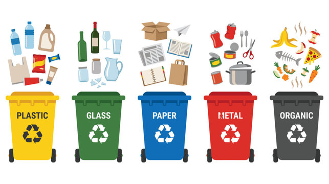 Garbage recycling bins set with waste sorting categories for environmental sustainability.