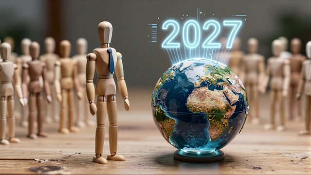 Wooden figure stands before globe marked 2027, surrounded by crowd of identical figures.