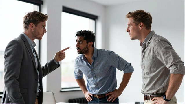 Three men in an office argue, one pointing accusingly at another.