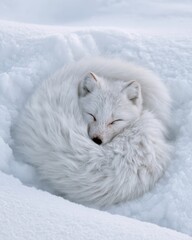 Fototapeta premium Arctic fox curled tightly in fresh snow