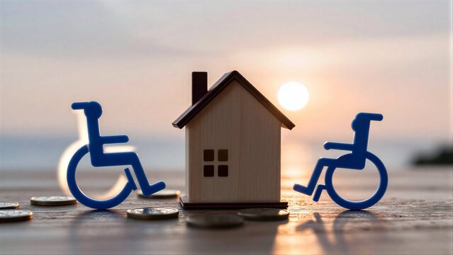 Accessible homes symbolize inclusion, with coins representing cost and opportunity.