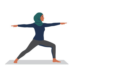 Fototapeta premium Muslim woman in hijab practicing warrior yoga pose on mat vector illustration.