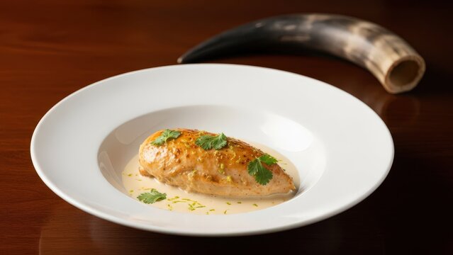 Gourmet Malagasy Akoho sy Voanio Coconut Chicken in White Bowl with Copy Space