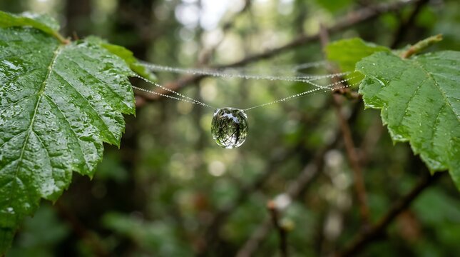 Large dewdrop hangs delicately suspended from a fine spiderweb in foliage.