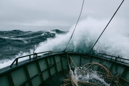 Wave breaking over the bow of a fishing boat