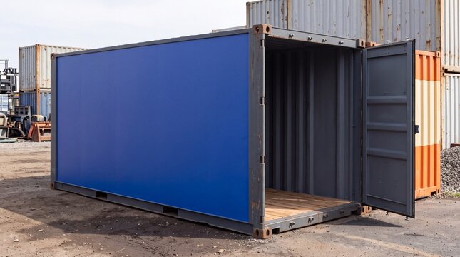 An empty blue shipping container standing in a logistics yard with doors open.