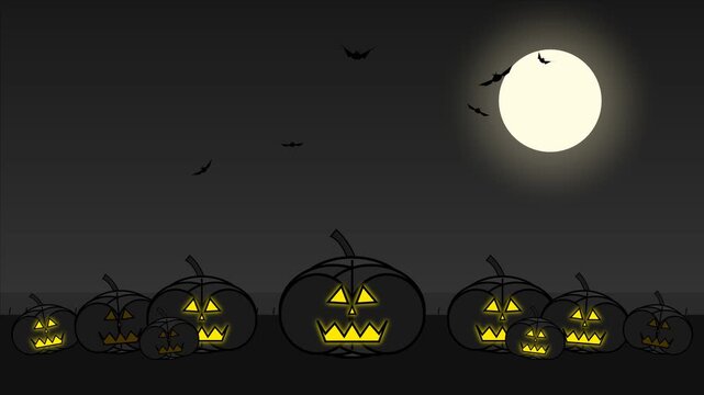 Happy Halloween Animation with Dark Jack O Lantern Pumpkins and Glowing Eyes and Mouths, Flying Bats, Full Moon Night, Spooky Black Background and Horror Atmosphere