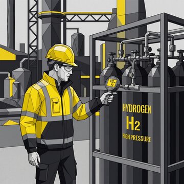 Engineer inspecting high pressure hydrogen cylinders at a production facility with hydrogen