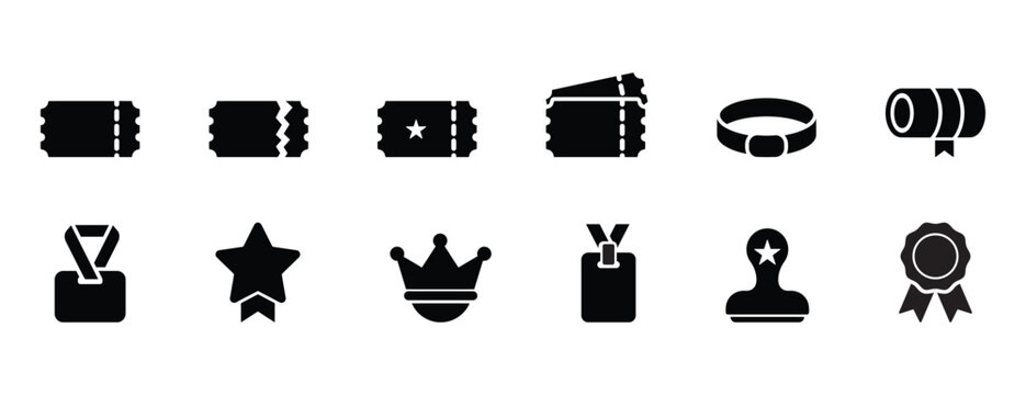 VIP Pass and Party Entry Ticket Silhouette Icons Set, Minimalist Vector Elements