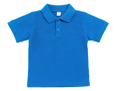 Royal blue polo shirt with collar and button placket flat front view isolated on white background