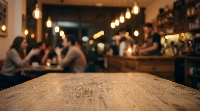 Empty wooden table top with blurred coffee shop interior background and warm bokeh light decorations
