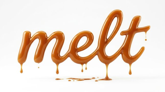 Melt word typography crafted from glossy dripping liquid caramel syrup isolated against white studio background