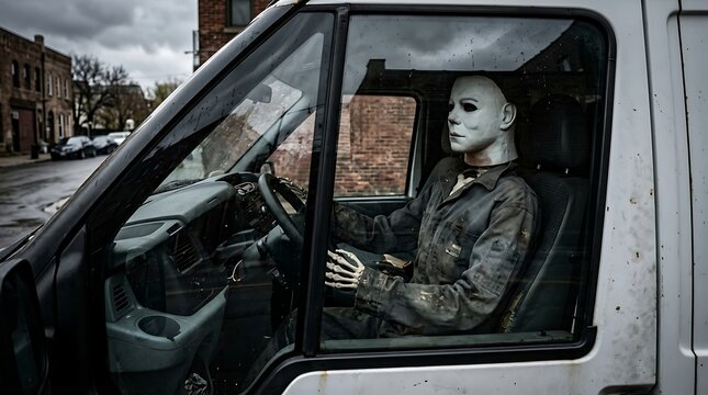 Creepy Figure in White Mask and Skeleton Gloves Driving a Van on a Gloomy Urban Street at Halloween