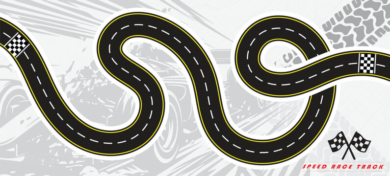 Speed Race Background. Race track in black color with tyre marks and city map on a white background.